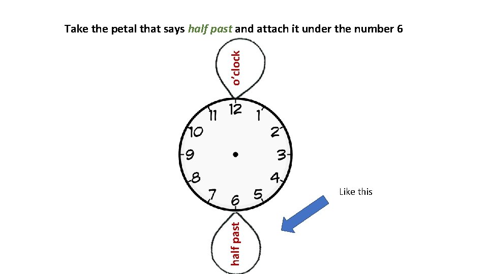 o’clock Take the petal that says half past and attach it under the number