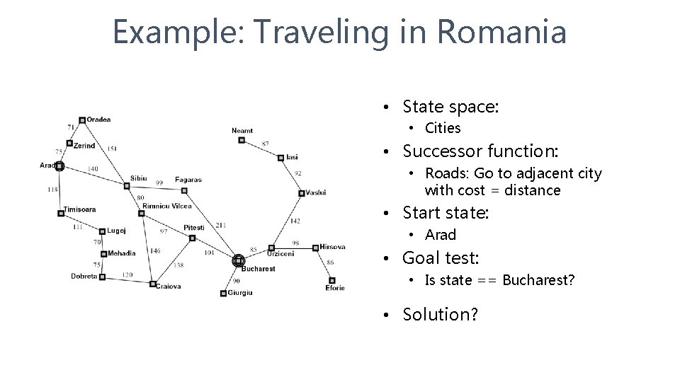 Example: Traveling in Romania • State space: • Cities • Successor function: • Roads: