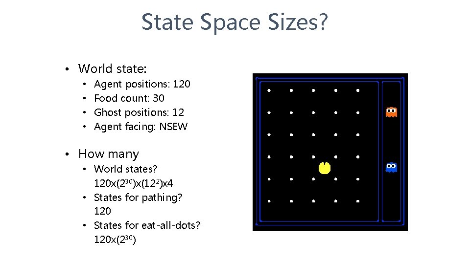 State Space Sizes? • World state: • • Agent positions: 120 Food count: 30