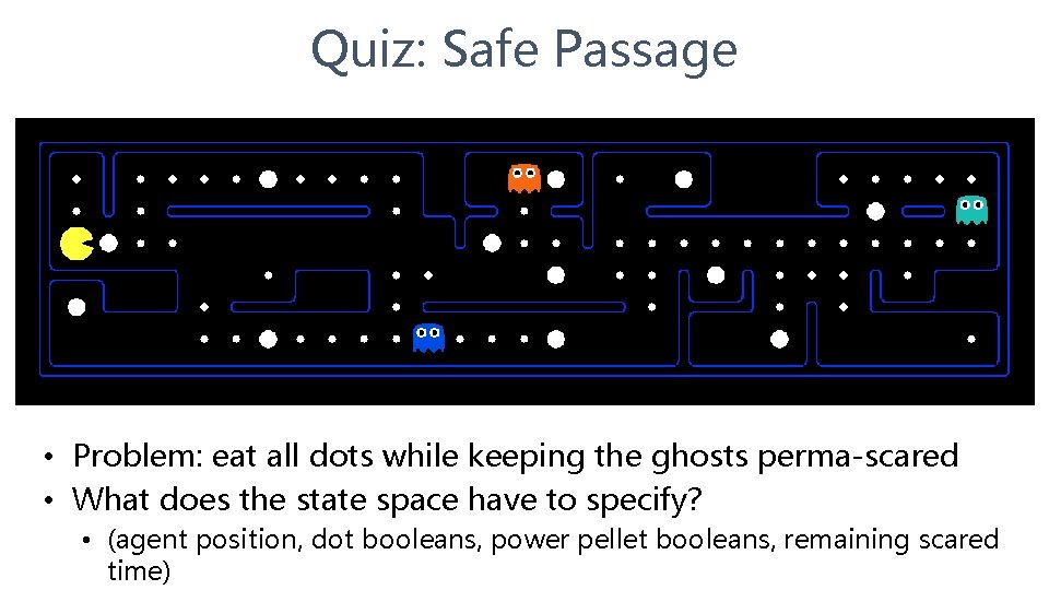 Quiz: Safe Passage • Problem: eat all dots while keeping the ghosts perma-scared •