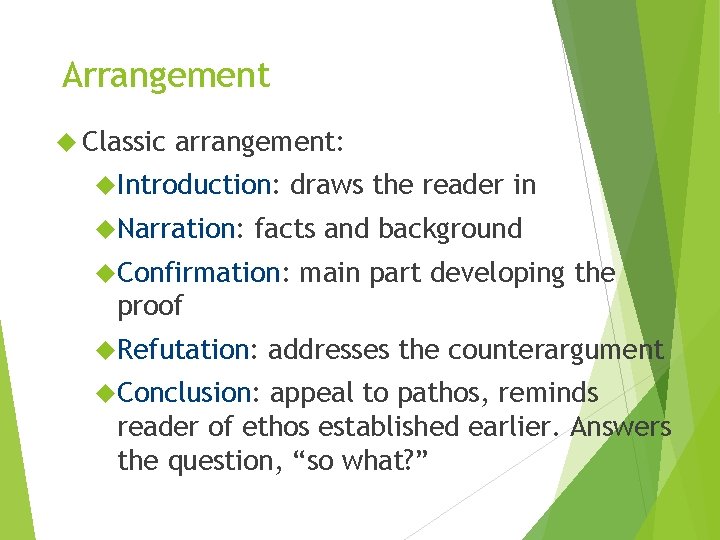 Arrangement Classic arrangement: Introduction: Narration: draws the reader in facts and background Confirmation: main