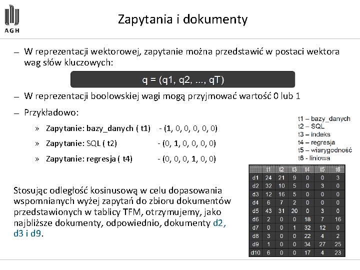 Zapytania i dokumenty — W reprezentacji wektorowej, zapytanie można przedstawić w postaci wektora wag