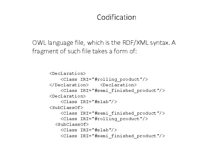 Codification OWL language file, which is the RDF/XML syntax. A fragment of such file