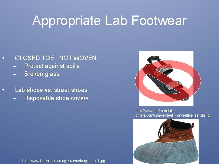 Appropriate Lab Footwear • CLOSED TOE. NOT WOVEN. – Protect against spills – Broken