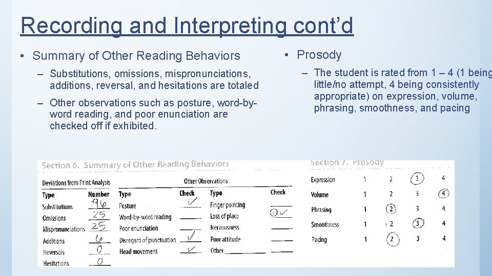 Recording and Interpreting cont’d • Summary of Other Reading Behaviors – Substitutions, omissions, mispronunciations,