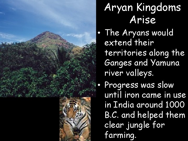 Aryan Kingdoms Arise • The Aryans would extend their territories along the Ganges and