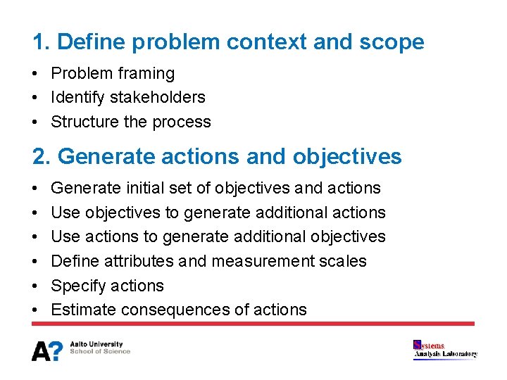 1. Define problem context and scope • Problem framing • Identify stakeholders • Structure