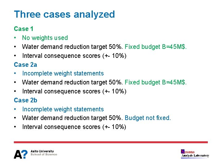 Three cases analyzed Case 1 • No weights used • Water demand reduction target