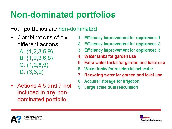 Non-dominated portfolios Four portfolios are non-dominated • Combinations of six 1. Efficiency improvement for