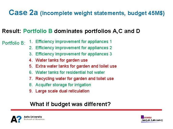 Case 2 a (Incomplete weight statements, budget 45 M$) Result: Portfolio B dominates portfolios