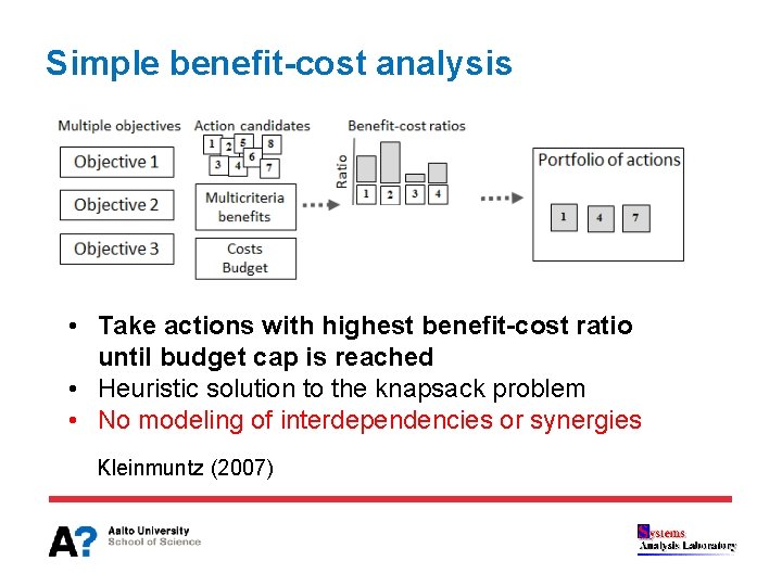Simple benefit-cost analysis • Take actions with highest benefit-cost ratio until budget cap is