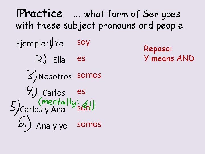 � Practice … what form of Ser goes with these subject pronouns and people.