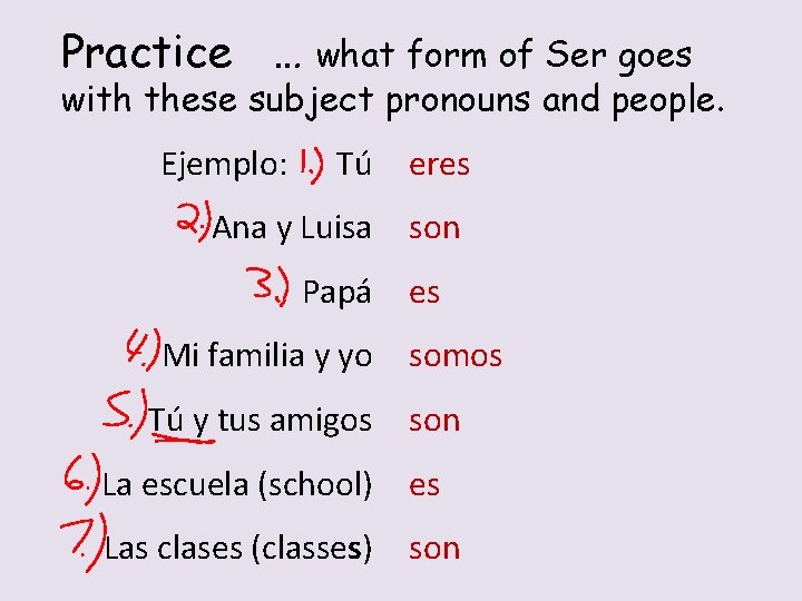 Practice … what form of Ser goes with these subject pronouns and people. Ejemplo: