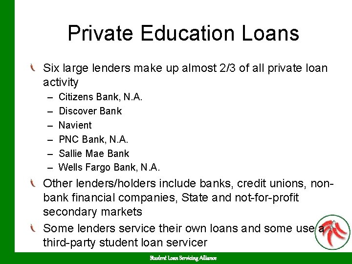 Private Education Loans Six large lenders make up almost 2/3 of all private loan