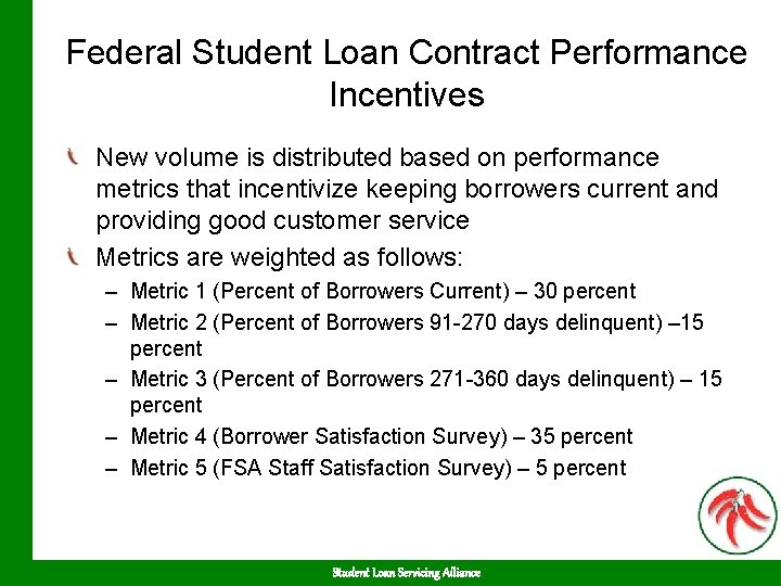 Federal Student Loan Contract Performance Incentives New volume is distributed based on performance metrics