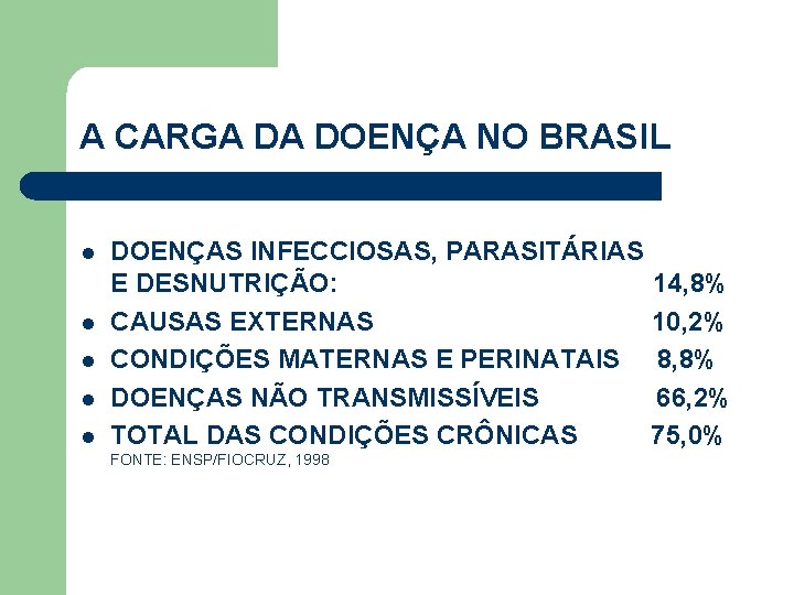 A CARGA DA DOENÇA NO BRASIL l l l DOENÇAS INFECCIOSAS, PARASITÁRIAS E DESNUTRIÇÃO: