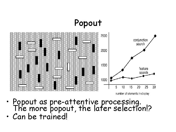 Popout • Popout as pre-attentive processing. The more popout, the later selection!? • Can