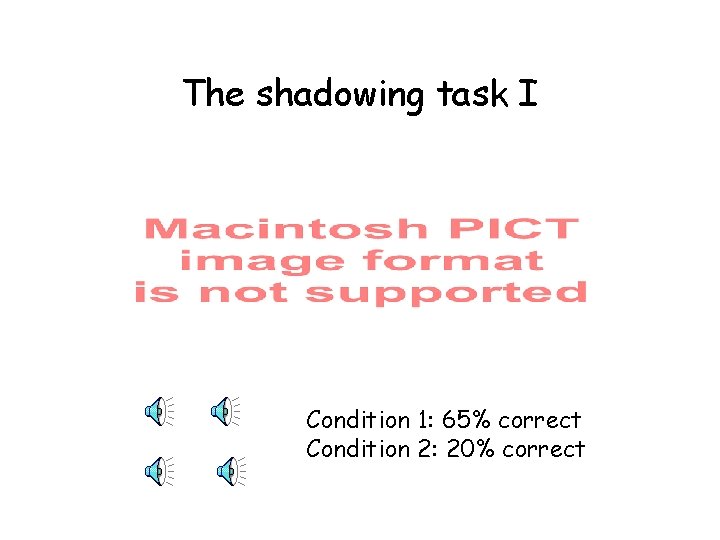 The shadowing task I Condition 1: 65% correct Condition 2: 20% correct 