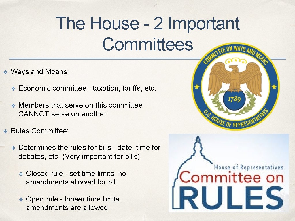 The House - 2 Important Committees ✤ ✤ Ways and Means: ✤ Economic committee