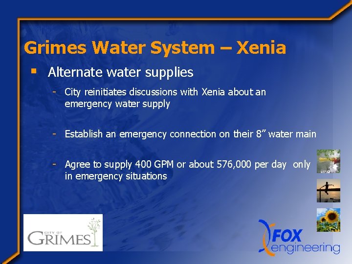 Grimes Water System – Xenia § Alternate water supplies - City reinitiates discussions with