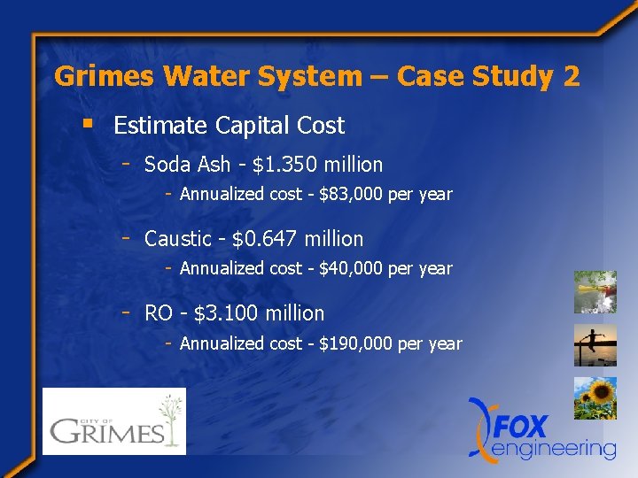 Grimes Water System – Case Study 2 § Estimate Capital Cost - Soda Ash