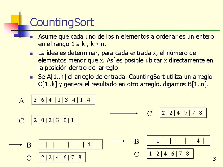 Counting. Sort n n n Asume que cada uno de los n elementos a