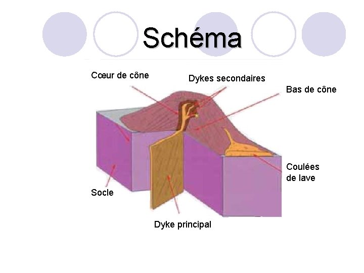 Schéma Cœur de cône Dykes secondaires Bas de cône Coulées de lave Socle Dyke