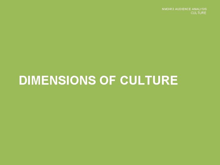 NM 3413 AUDIENCE ANALYSIS CULTURE DIMENSIONS OF CULTURE 