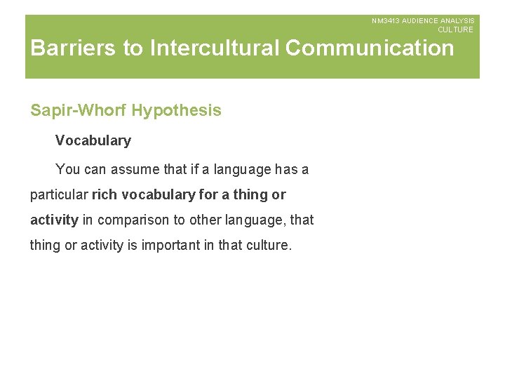 NM 3413 AUDIENCE ANALYSIS CULTURE Barriers to Intercultural Communication Sapir-Whorf Hypothesis Vocabulary You can