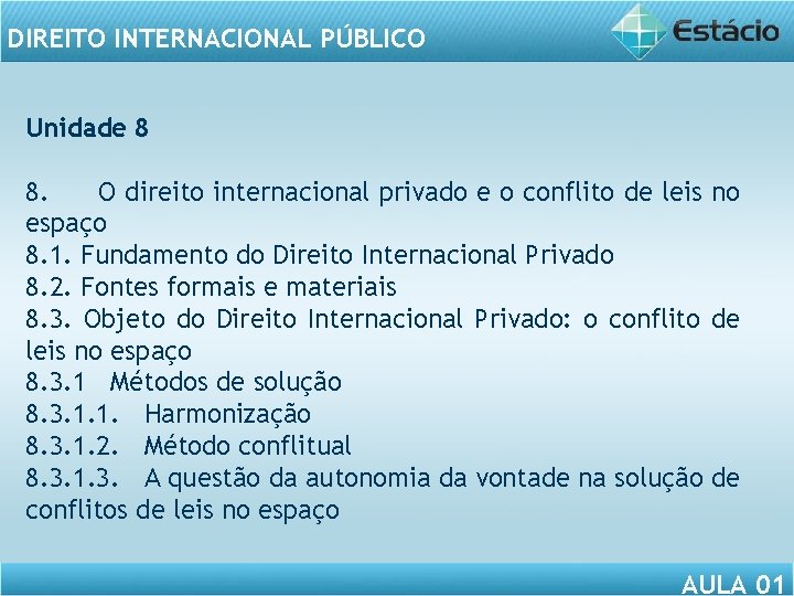 DIREITO INTERNACIONAL PÚBLICO Unidade 8 8. O direito internacional privado e o conflito de