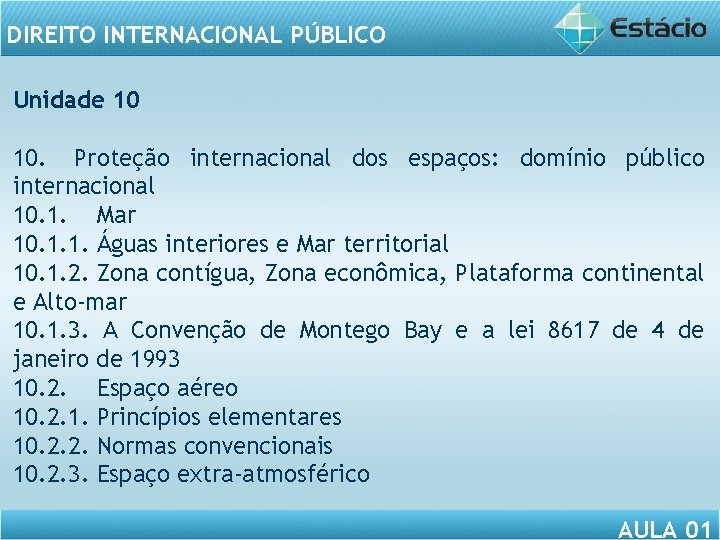 DIREITO INTERNACIONAL PÚBLICO Unidade 10 10. Proteção internacional dos espaços: domínio público internacional 10.