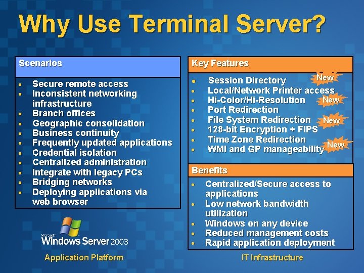 Why Use Terminal Server? Scenarios Secure remote access Inconsistent networking infrastructure Branch offices Geographic Why Use Terminal Server? Scenarios Secure remote access Inconsistent networking infrastructure Branch offices Geographic
