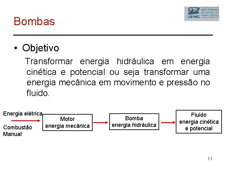 Bombas • Objetivo Transformar energia hidráulica em energia cinética e potencial ou seja transformar