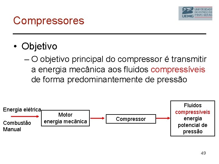 Compressores • Objetivo – O objetivo principal do compressor é transmitir a energia mecânica