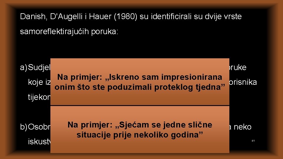 Danish, D'Augelli i Hauer (1980) su identificirali su dvije vrste samoreflektirajućih poruka: a) Sudjelujućih