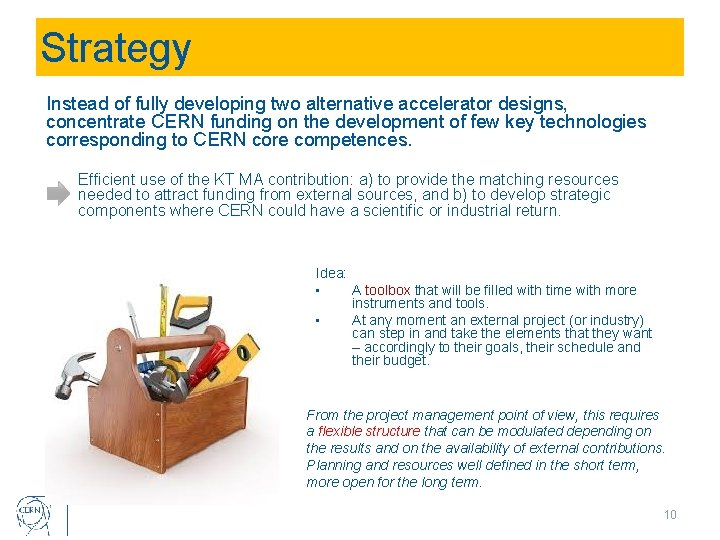 Strategy Instead of fully developing two alternative accelerator designs, concentrate CERN funding on the