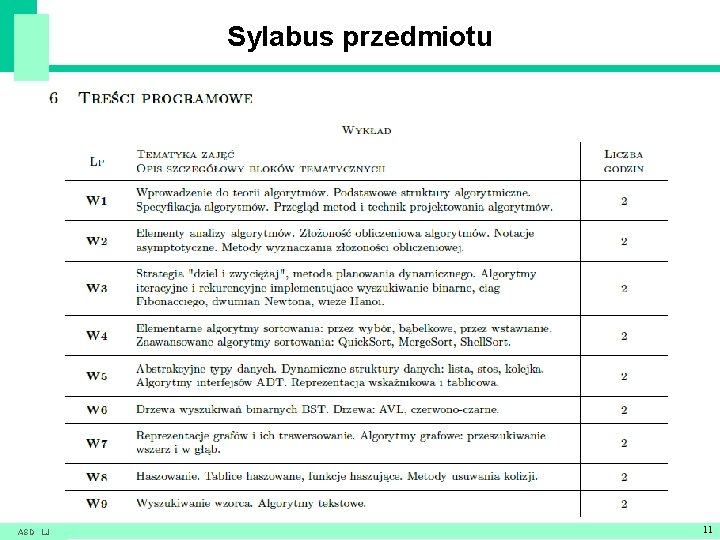 Sylabus przedmiotu ASD LJ 11 