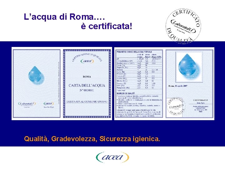 L’acqua di Roma…. è certificata! Qualità, Gradevolezza, Sicurezza igienica. 