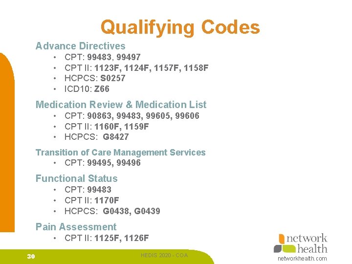 Qualifying Codes Advance Directives • • CPT: 99483, 99497 CPT II: 1123 F, 1124