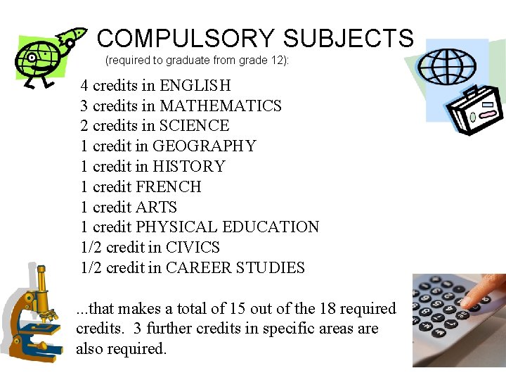 COMPULSORY SUBJECTS (required to graduate from grade 12): 4 credits in ENGLISH 3 credits COMPULSORY SUBJECTS (required to graduate from grade 12): 4 credits in ENGLISH 3 credits