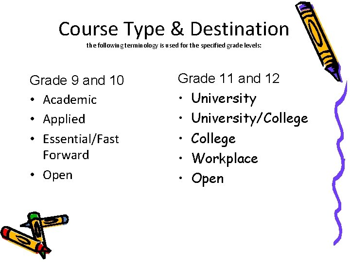 Course Type & Destination the following terminology is used for the specified grade levels: Course Type & Destination the following terminology is used for the specified grade levels: