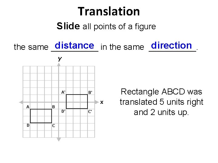 Translation Slide all points of a figure distance in the same _____. direction the