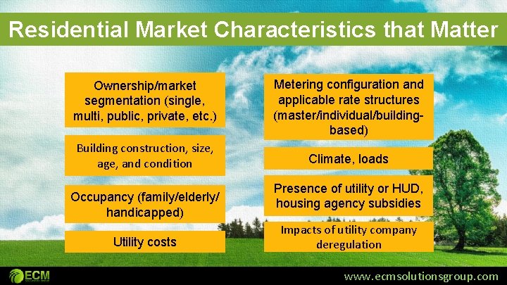 Residential Market Characteristics that Matter Ownership/market segmentation (single, multi, public, private, etc. ) Building Residential Market Characteristics that Matter Ownership/market segmentation (single, multi, public, private, etc. ) Building