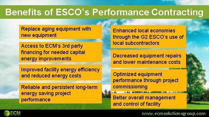 Benefits of ESCO’s Performance Contracting Replace aging equipment with new equipment Access to ECM’s Benefits of ESCO’s Performance Contracting Replace aging equipment with new equipment Access to ECM’s