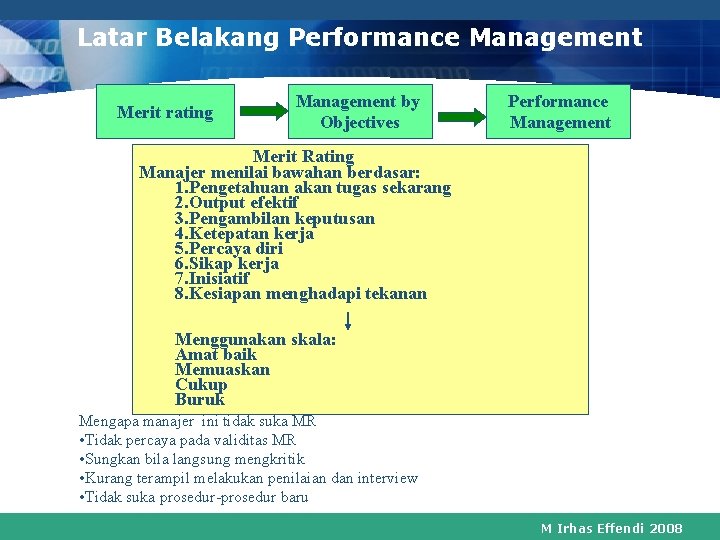 Latar Belakang Performance Management Merit rating Management by Objectives Performance Management Merit Rating Manajer
