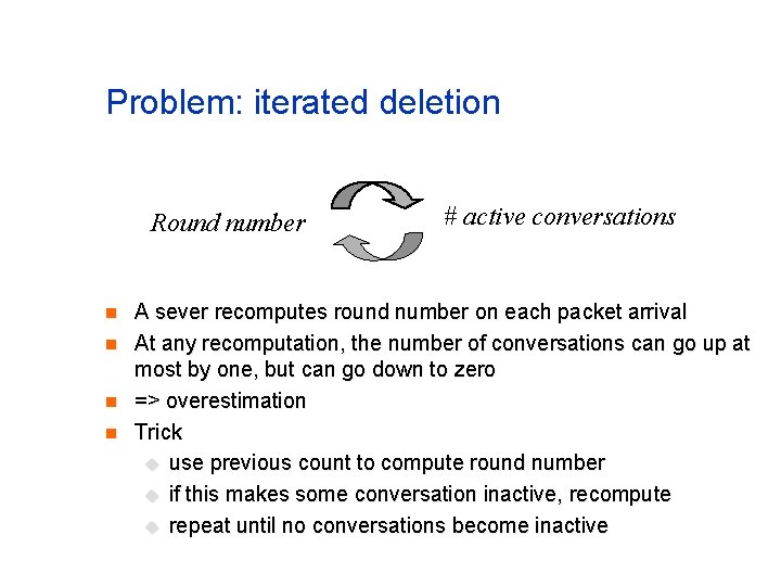 Problem: iterated deletion Round number n n # active conversations A sever recomputes round