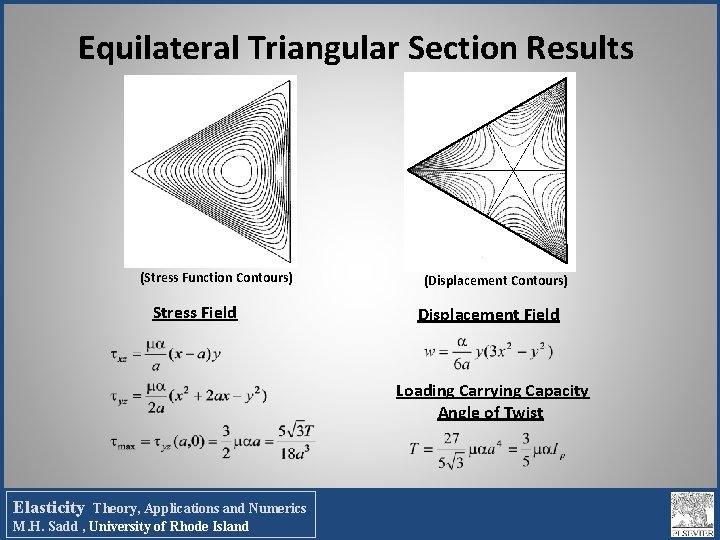 Equilateral Triangular Section Results (Stress Function Contours) Stress Field (Displacement Contours) Displacement Field Loading Equilateral Triangular Section Results (Stress Function Contours) Stress Field (Displacement Contours) Displacement Field Loading