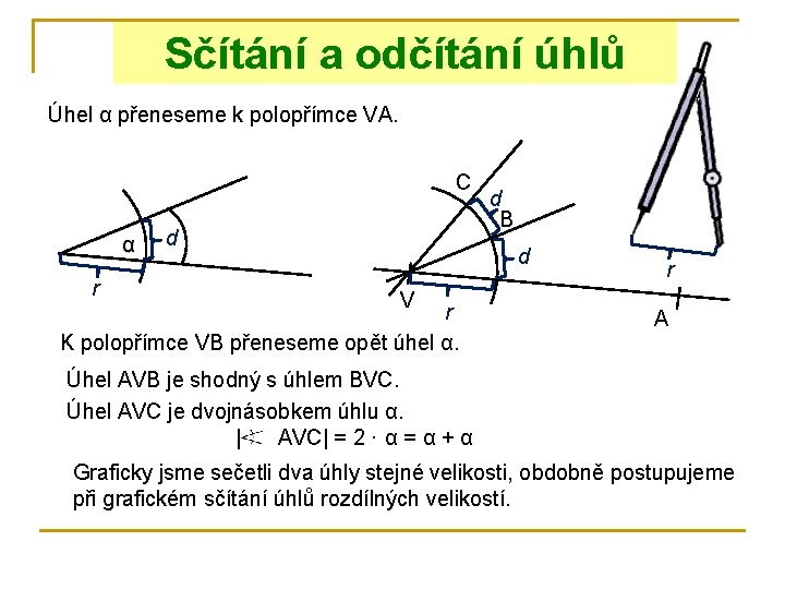 Sčítání a odčítání úhlů Úhel α přeneseme k polopřímce VA. C α r d