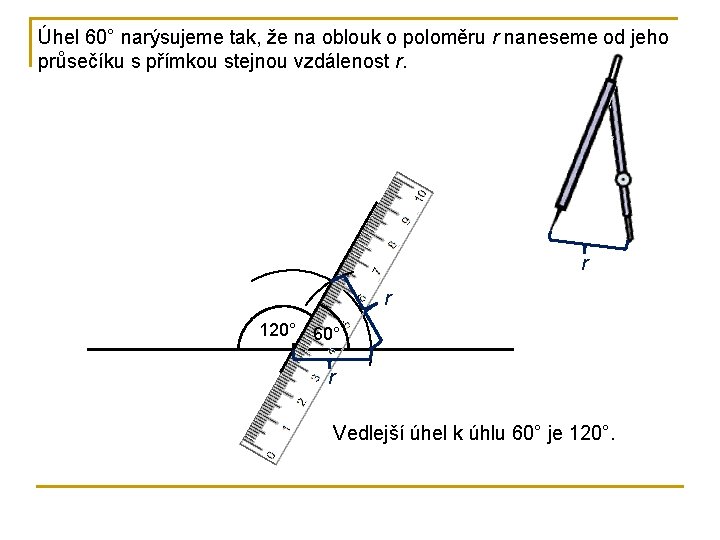 Úhel 60° narýsujeme tak, že na oblouk o poloměru r naneseme od jeho průsečíku