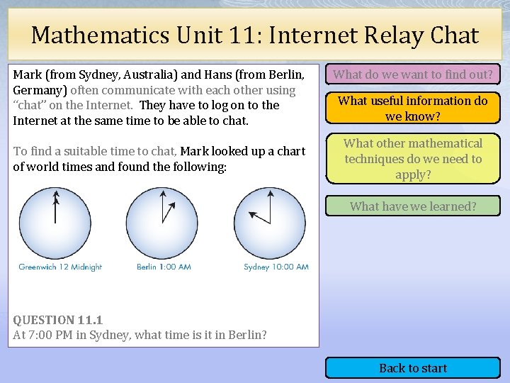 Mathematics Unit 11: Internet Relay Chat Mark (from Sydney, Australia) and Hans (from Berlin,